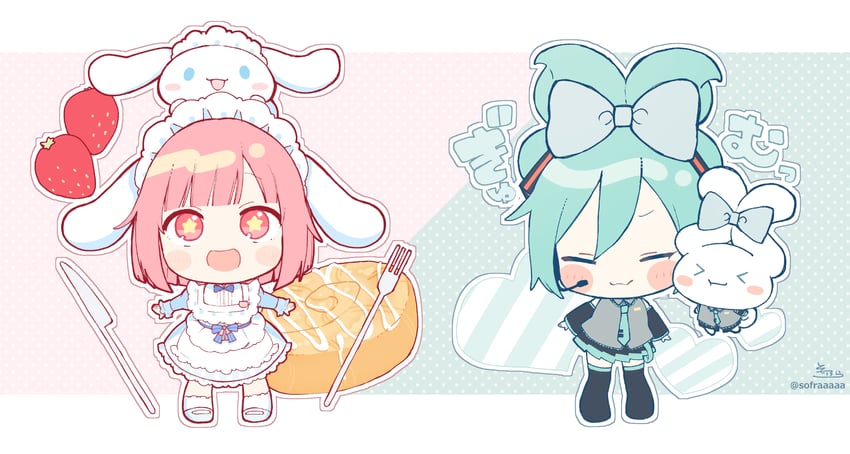 hatsune miku, ootori emu, cinnamoroll, and cinnamiku (vocaloid and 3 more) drawn by sofra