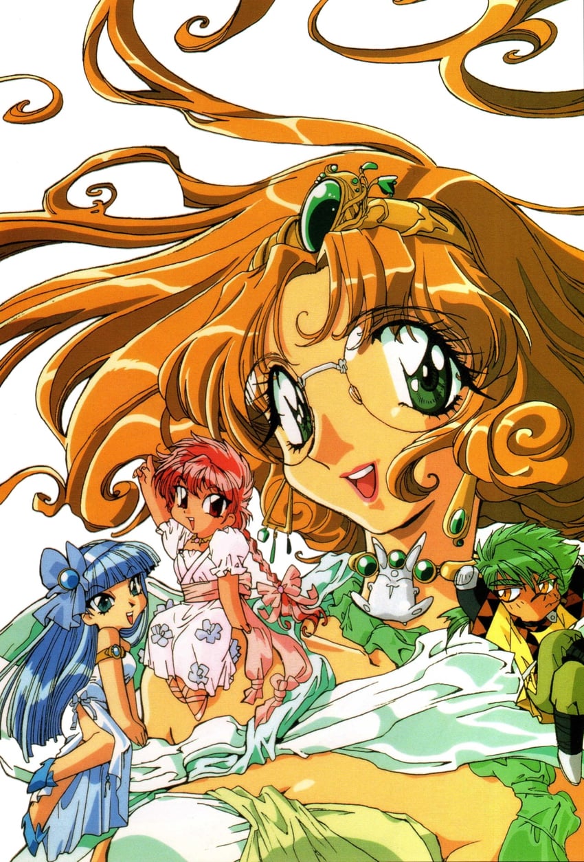 shidou hikaru, ryuuzaki umi, hououji fuu, mokona, and ferio (magic knight rayearth) drawn by ishida_atsuko