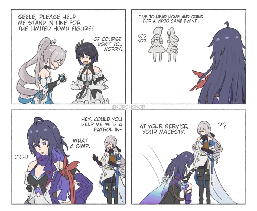 bronya zaychik, seele vollerei, bronya rand, and seele (honkai and 2 more) drawn by korshokor
