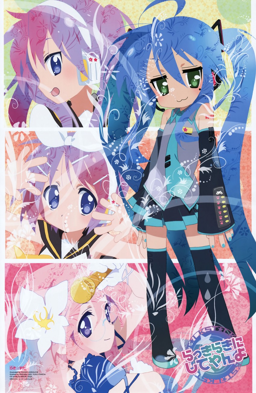 hatsune miku, kagamine rin, kagamine len, hiiragi kagami, izumi konata, and 2 more (vocaloid and 1 more) drawn by horiguchi_yukiko