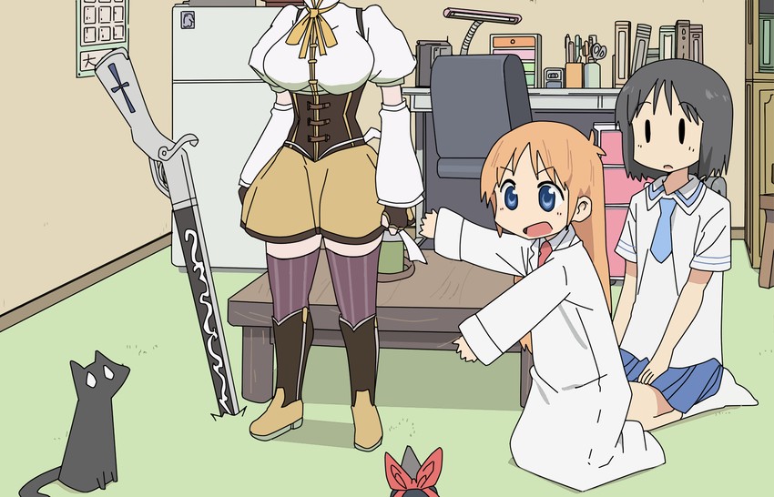 tomoe mami, shinonome nano, professor shinonome, sakamoto, and crow (mahou shoujo madoka magica and 1 more) drawn by takahiro_(rikky)