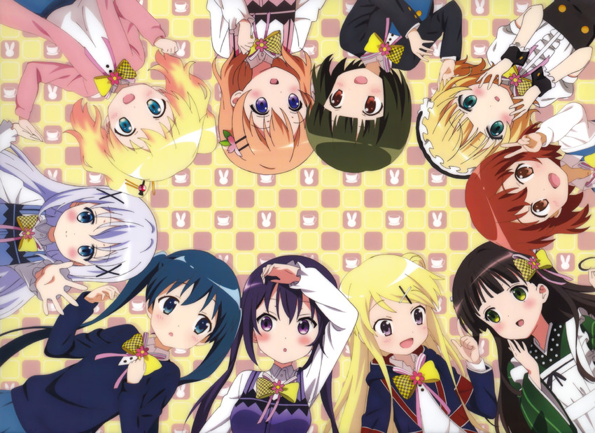 kafuu chino, hoto cocoa, kirima syaro, tedeza rize, ujimatsu chiya, and 6 more (gochuumon wa usagi desu ka? and 2 more) drawn by okuda_yousuke and ueta_kazuyuki
