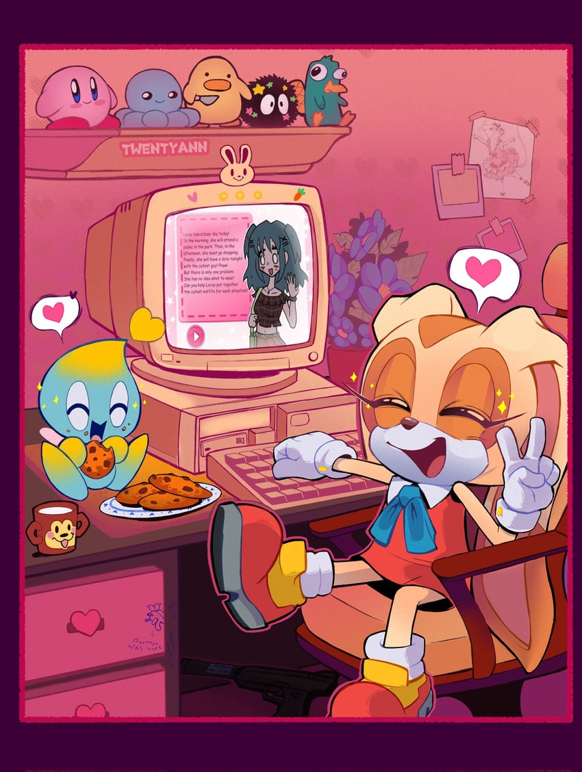 kirby, crewmate, cream the rabbit, neutral chao, cheese, and 4 more (sonic and 5 more) drawn by twentyann