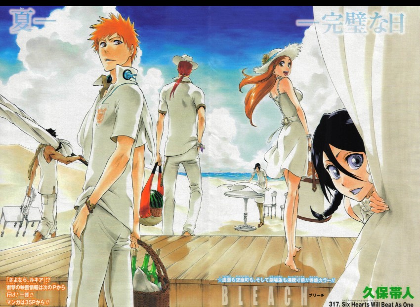 kuchiki rukia, inoue orihime, kurosaki ichigo, abarai renji, ishida uryuu, and 1 more (bleach) drawn by kubo_tite