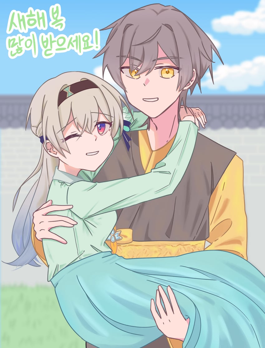 trailblazer, firefly, and caelus (honkai and 1 more) drawn by shuga_nim