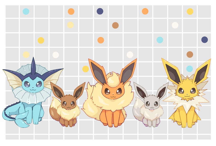 eevee, vaporeon, flareon, and jolteon (pokemon) drawn by komunyan