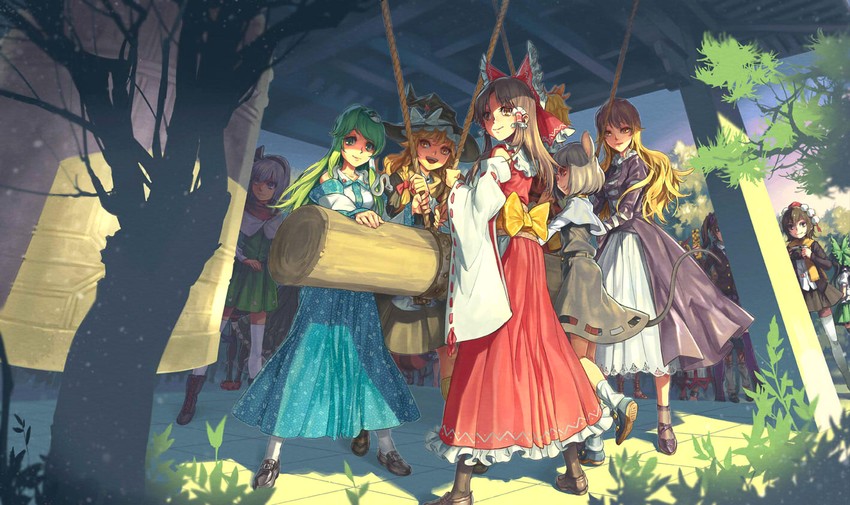 hakurei reimu, kirisame marisa, kochiya sanae, konpaku youmu, shameimaru aya, and 9 more (touhou) drawn by momijigari