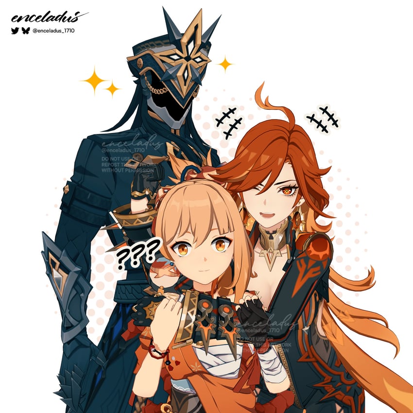 yoimiya, mavuika, and capitano (genshin impact) drawn by enceladus_1710