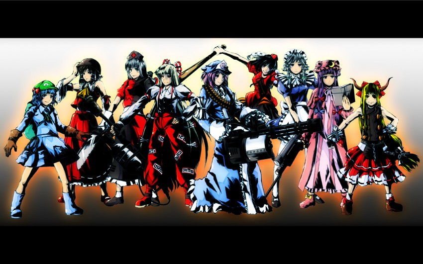 hakurei reimu, izayoi sakuya, patchouli knowledge, shameimaru aya, fujiwara no mokou, and 4 more (touhou and 1 more) drawn by niandni