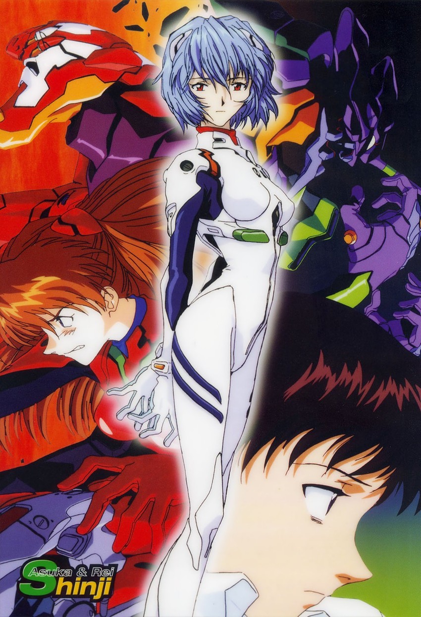 souryuu asuka langley, ayanami rei, ikari shinji, eva 02, and eva 01 (neon genesis evangelion) drawn by honda_takeshi