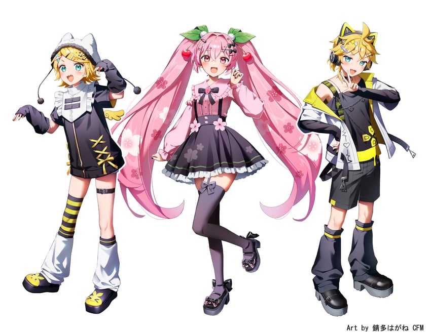 hatsune miku, kagamine rin, kagamine len, and sakura miku (vocaloid) drawn by aruminsuko