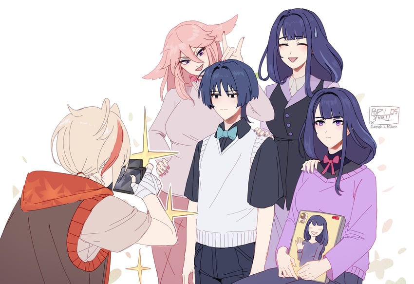 raiden shogun, scaramouche, yae miko, kaedehara kazuha, and makoto (genshin impact) drawn by genshinribu