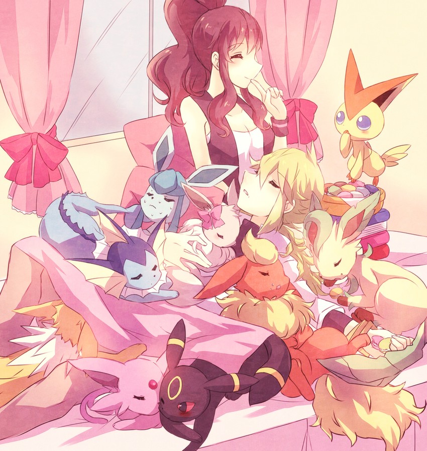 hilda, eevee, umbreon, n, glaceon, and 6 more (pokemon and 1 more) drawn by kabocha_torute