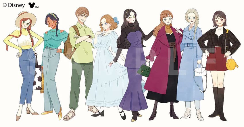 elsa, anna, jasmine, peter pan, wendy darling, and 1 more (frozen and 3 more) drawn by meecosme