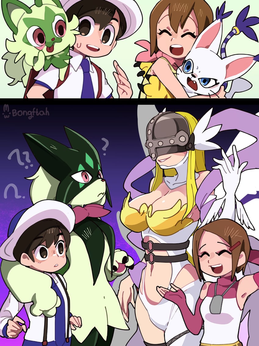 florian, sprigatito, meowscarada, angewomon, yagami hikari, and 1 more (pokemon and 4 more) drawn by bongfill
