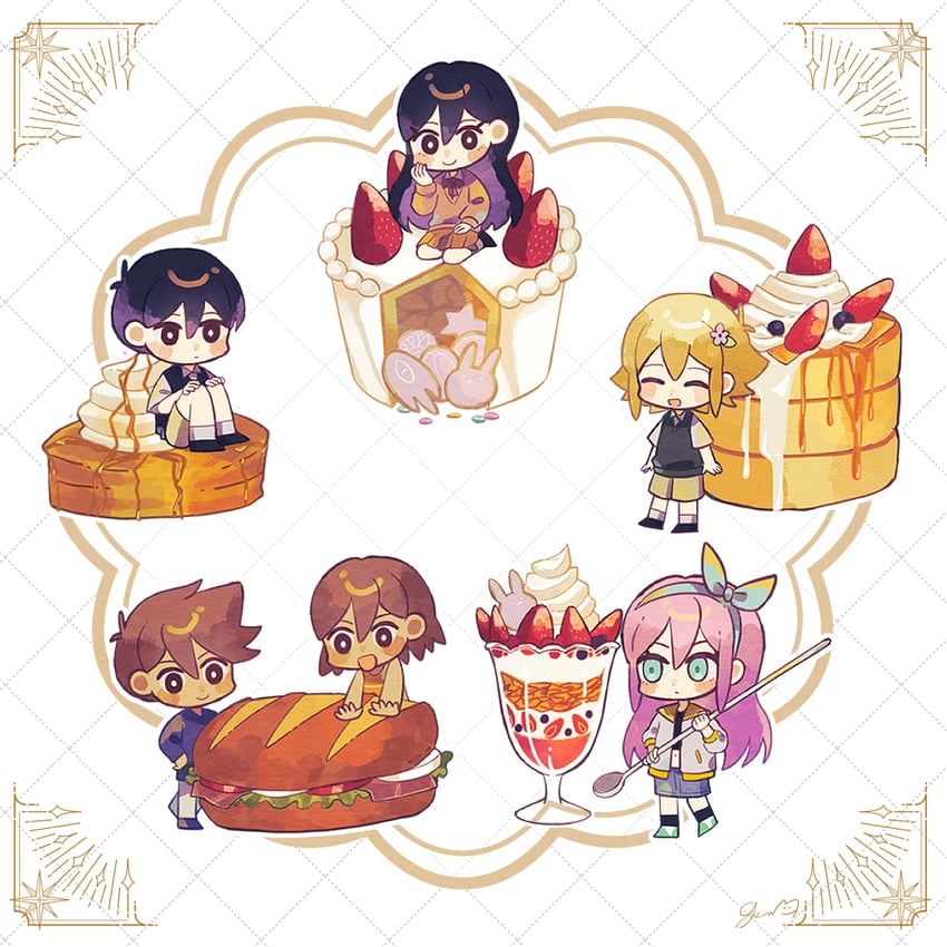 sunny, basil, aubrey, kel, mari, and 3 more (omori) drawn by genk1zam4s