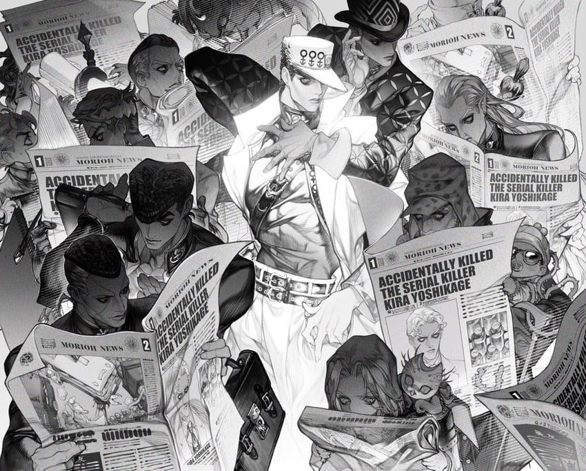 joseph joestar, kujo jotaro, higashikata josuke, kishibe rohan, kira yoshikage, and 11 more (jojo no kimyou na bouken and 1 more) drawn by kidlu_jiu