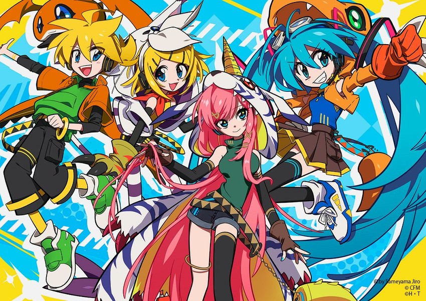 hatsune miku, kagamine rin, kagamine len, megurine luka, yagami hikari, and 7 more (vocaloid and 1 more) drawn by sameyama_jiro