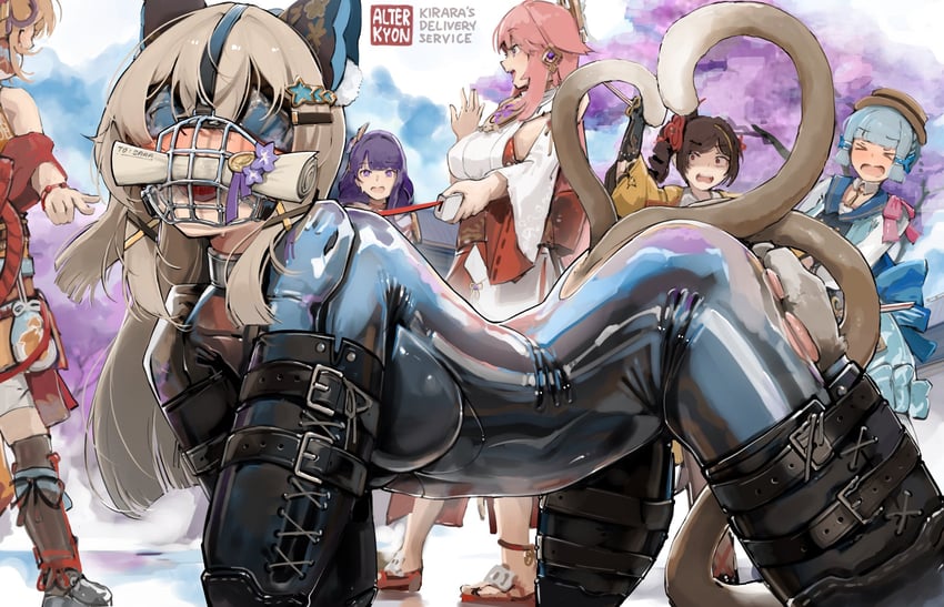 raiden shogun, yae miko, kamisato ayaka, yoimiya, kirara, and 1 more (genshin impact) drawn by alterkyon