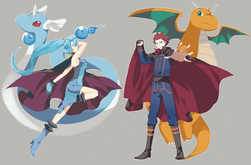 dragonite, lance, dragonair, and clair (pokemon and 1 more) drawn by aya_(emo)