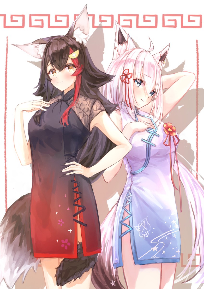 shirakami fubuki and ookami mio (hololive) drawn by yu_hydra