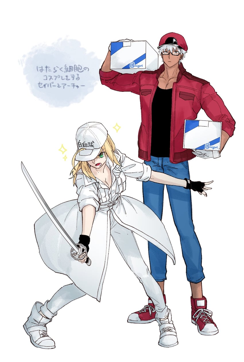 artoria pendragon, saber, archer, white blood cell, and red blood cell (fate and 3 more) drawn by suginamayuge