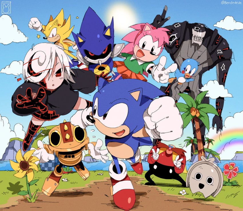 sonic the hedgehog, amy rose, dr. eggman, metal sonic, classic sonic, and 8 more (sonic and 5 more) drawn by bendedede