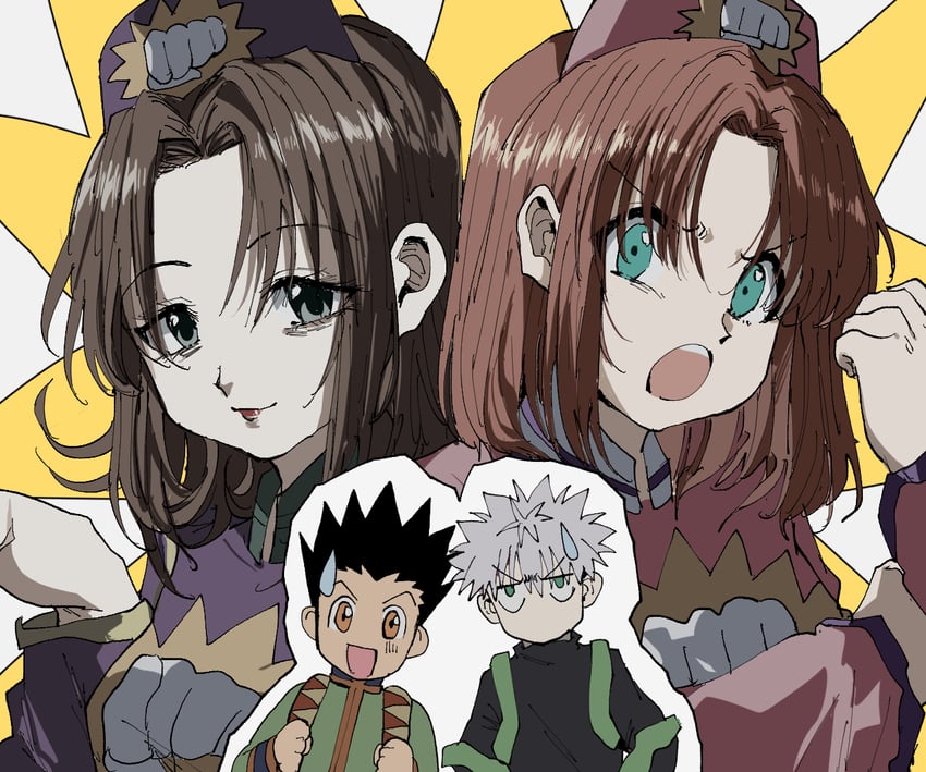 killua zoldyck, gon freecss, heavens arena 200th floor clerk, and heavens arena elevator operator (hunter x hunter) drawn by kasukasugom1