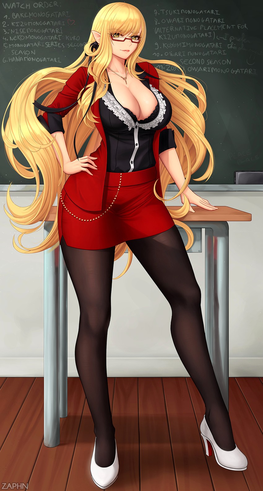 oshino shinobu and kiss-shot acerola-orion heart-under-blade (monogatari) drawn by zaphn