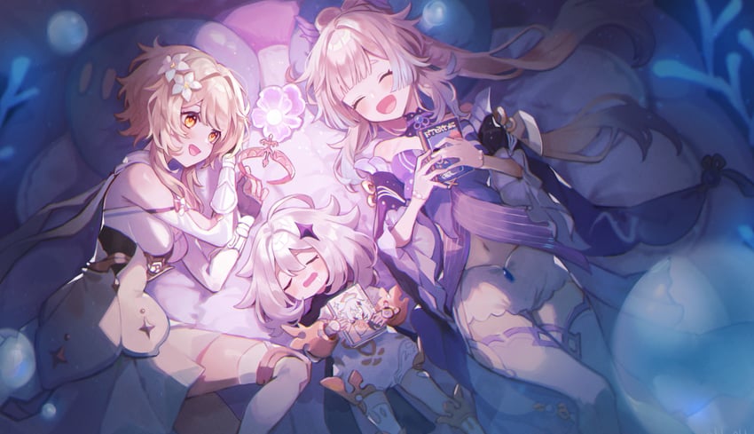 lumine, paimon, sangonomiya kokomi, and slime (genshin impact) drawn by kino_(m6t2a)