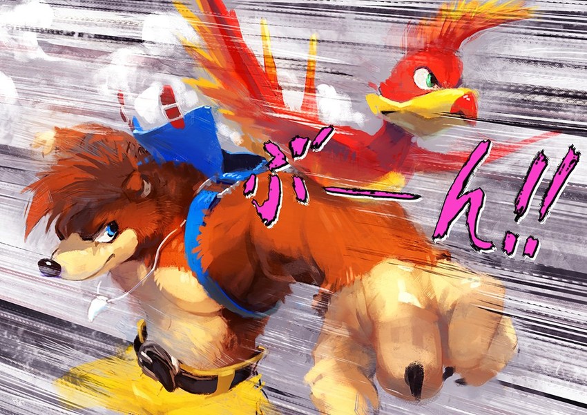kazooie and banjo (jojo no kimyou na bouken and 2 more) drawn by racoonwolf