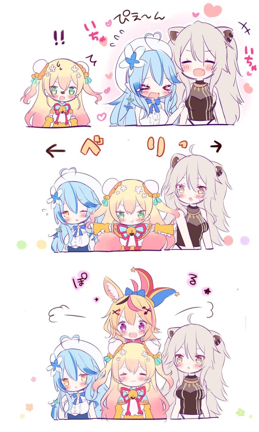 yukihana lamy, shishiro botan, omaru polka, and momosuzu nene (hololive) drawn by kimoko