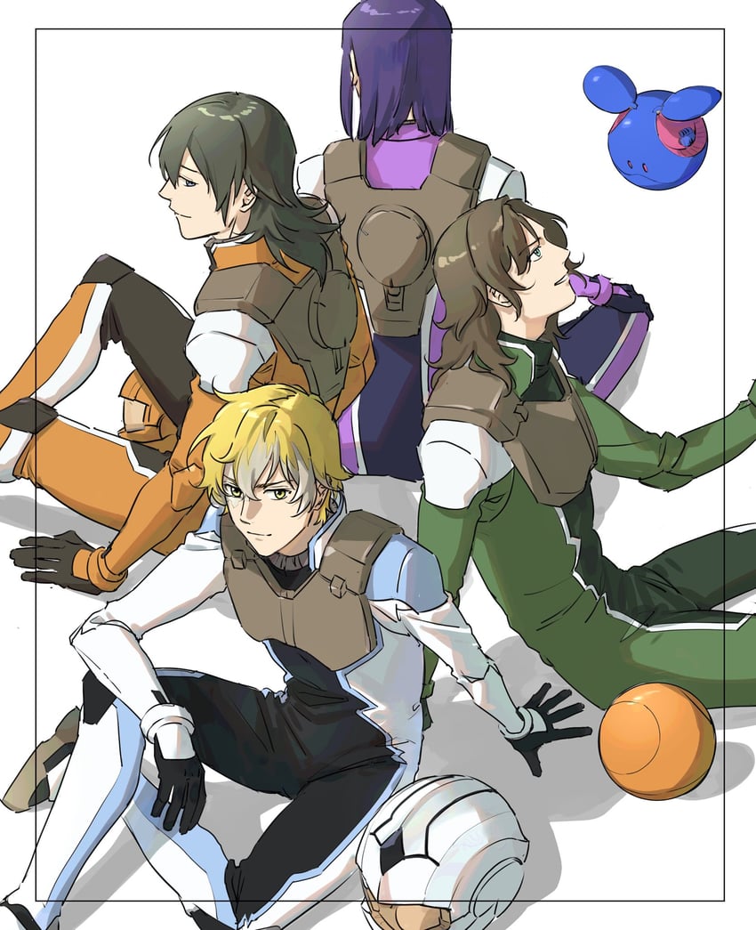 haro, tieria erde, lockon stratos, allelujah haptism, and graham aker (gundam and 1 more) drawn by nanao_parakeet