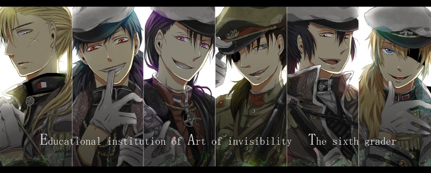 zenpouji isaku, tachibana senzou, nanamatsu koheita, shioe monjirou, kema tomesaburou, and 1 more (rakudai ninja rantarou) drawn by att0w0