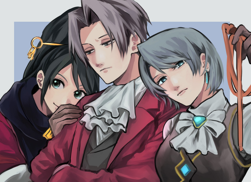 miles edgeworth, franziska von karma, and kay faraday (ace attorney and 1 more) drawn by 480_(y0ha_m00n)