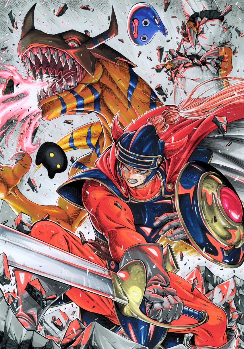 slime, hero, greymon, and botamon (dragon quest and 2 more) drawn by miura_satoru