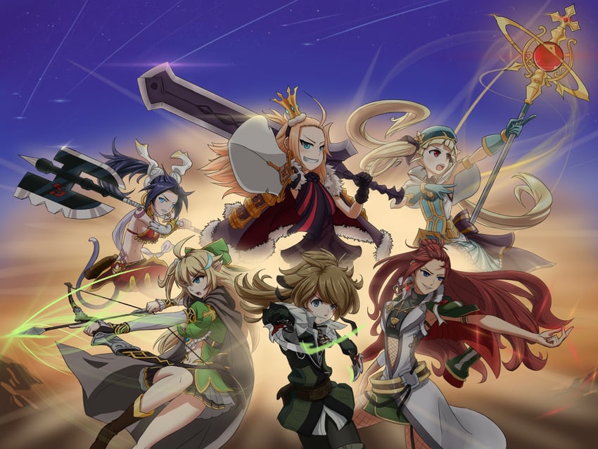 achates ururuda, charlotte, aramintha, tieria, cidd, and 1 more (epic seven) drawn by krosse