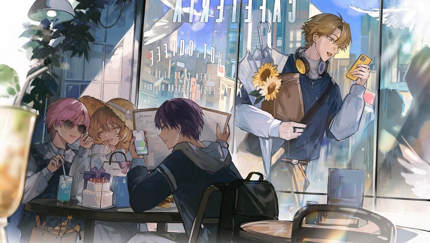 kenmochi touya, fushimi gaku, yuuhi riri, and ienaga mugi (nijisanji) drawn by tsuta1218