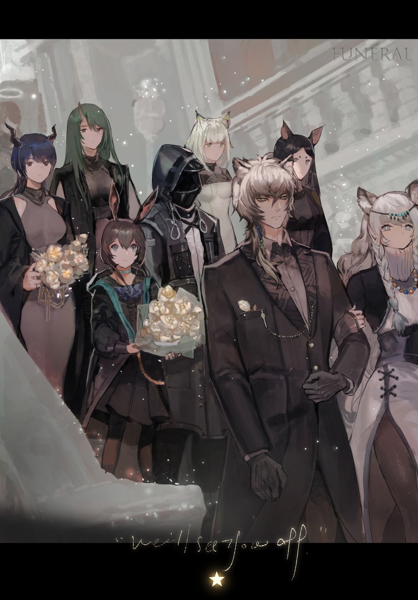 doctor, amiya, kal'tsit, exusiai, ch'en, and 4 more (arknights) drawn by lufufu