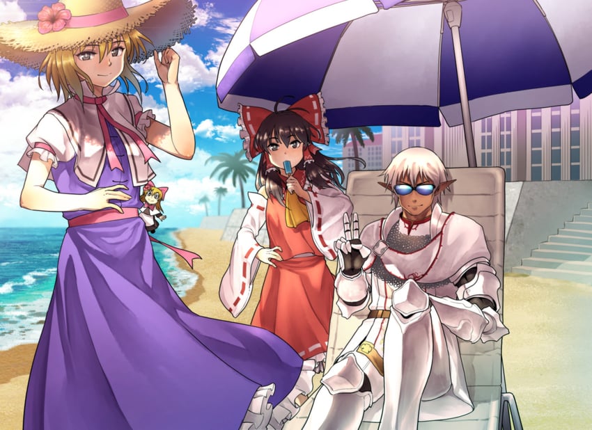 hakurei reimu, alice margatroid, shanghai doll, and buront (touhou and 5 more) drawn by chiaki_rakutarou