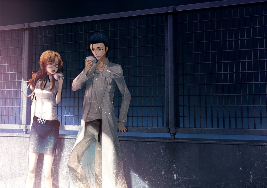 okabe rintarou and kiryuu moeka (steins;gate) drawn by 2c=galore