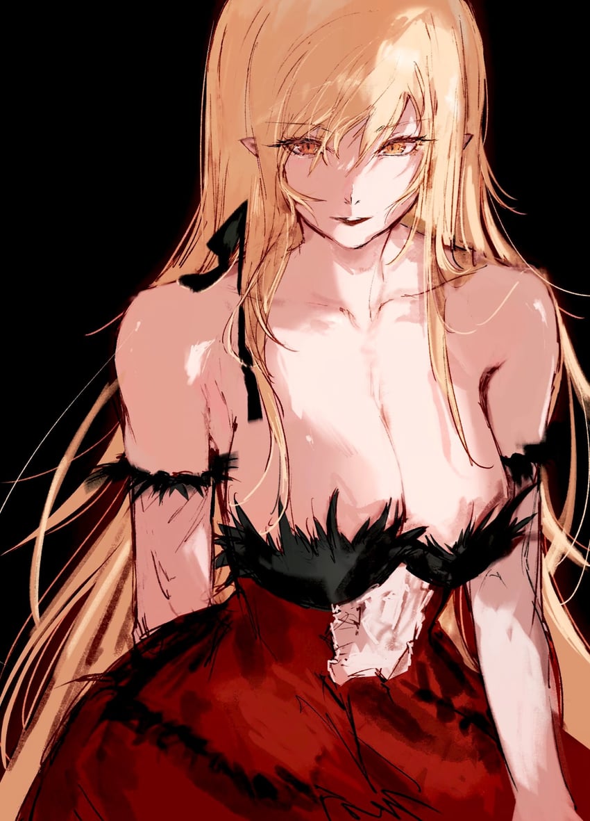 oshino shinobu and kiss-shot acerola-orion heart-under-blade (monogatari) drawn by moku_(muooku)