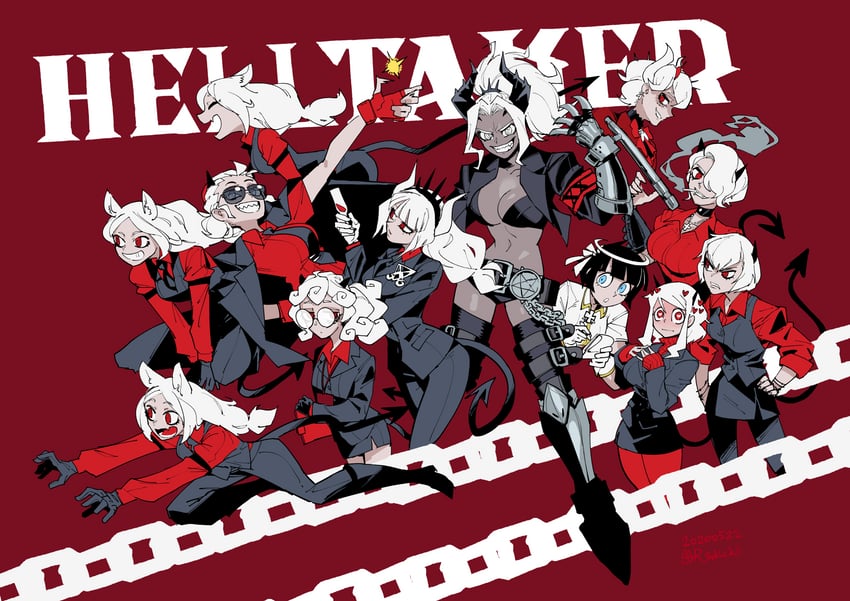 lucifer, modeus, justice, cerberus, judgement, and 5 more (helltaker) drawn by mado_(mukade_tou)