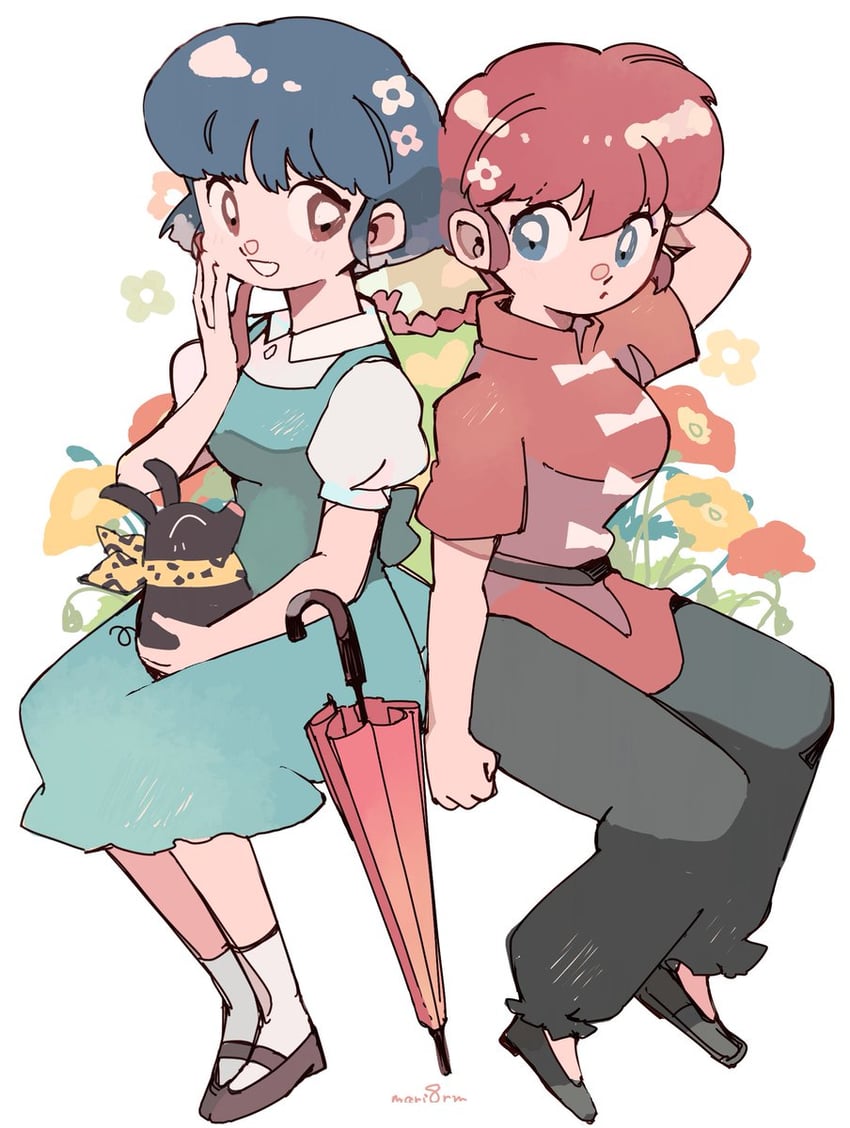 ranma-chan, tendou akane, and p-chan (ranma 1/2) drawn by yukikokoro