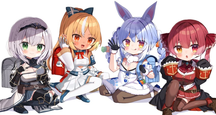 houshou marine, usada pekora, shirogane noel, shiranui flare, and don-chan (hololive) drawn by noi_mine