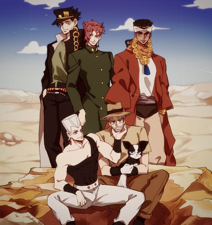 joseph joestar, kujo jotaro, kakyoin noriaki, jean pierre polnareff, mohammed avdol, and 1 more (jojo no kimyou na bouken and 1 more) drawn by sempon_(doppio_note)