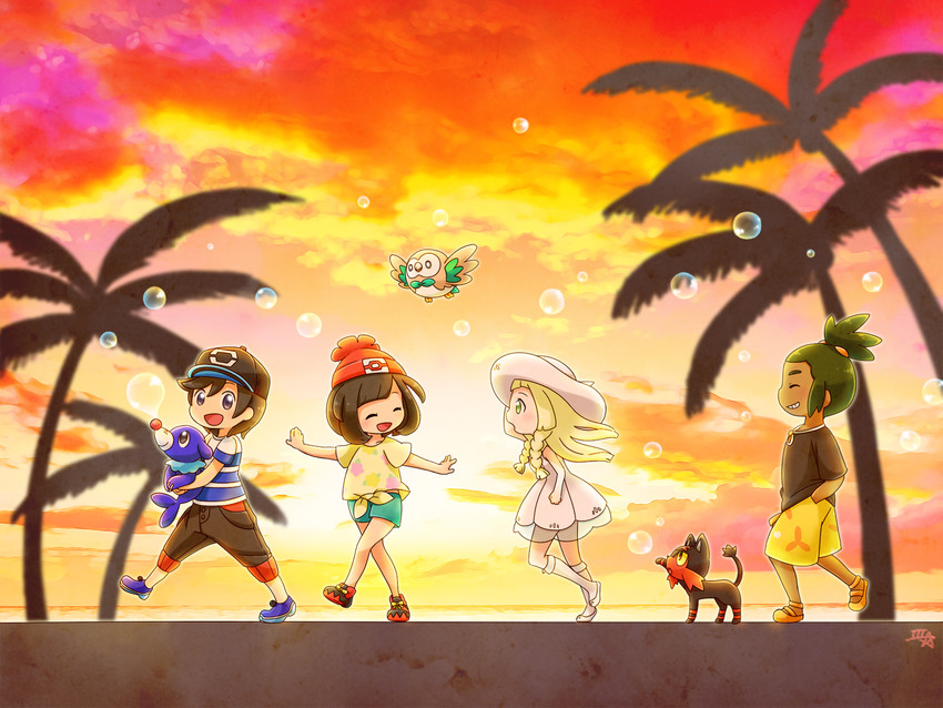 lillie, selene, rowlet, elio, popplio, and 2 more (pokemon and 1 more) drawn by samsung_(yuzuikka)