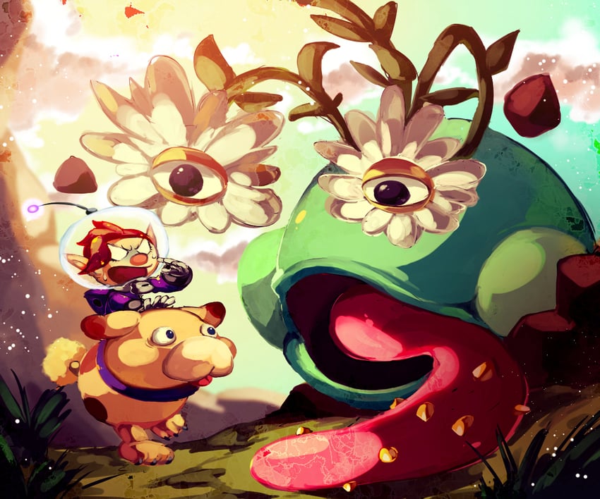 rescue officer, oatchi, and creeping chrysanthemum (pikmin and 1 more) drawn by shirushiki