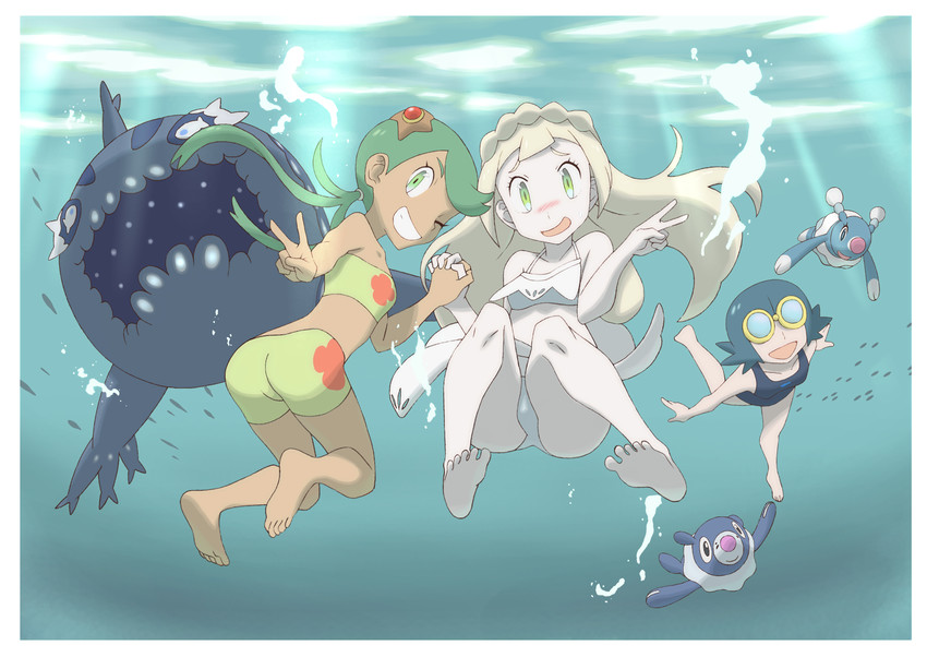 lillie, lana, mallow, popplio, staryu, and 2 more (pokemon and 1 more) drawn by nomura_(buroriidesu)