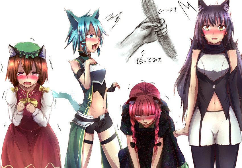 kaenbyou rin, chen, blake belladonna, and sinon (touhou and 2 more) drawn by pops